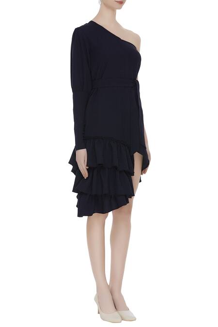 Deme By Gabriella_Blue Asymmetric One Shoulder Dress_Online_at_Aza_Fashions