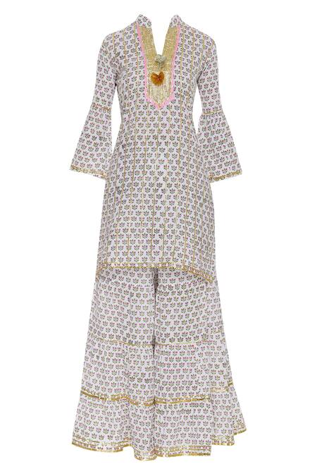 Buy_Kunwarani Ritu_White Cotton Embellished Beads Round Block Printed Kurta Set  _Online_at_Aza_Fashions