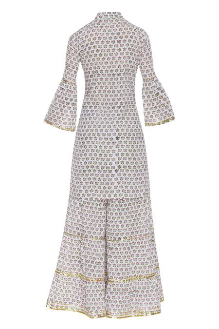 Shop_Kunwarani Ritu_White Cotton Embellished Beads Round Block Printed Kurta Set  _Online_at_Aza_Fashions
