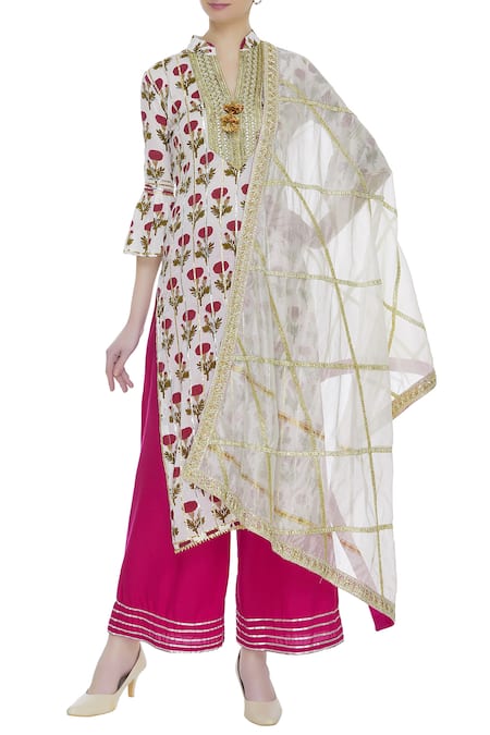 Kunwaraniritu White Cotton Embroidered Beads Round Block Printed Kurta Set  