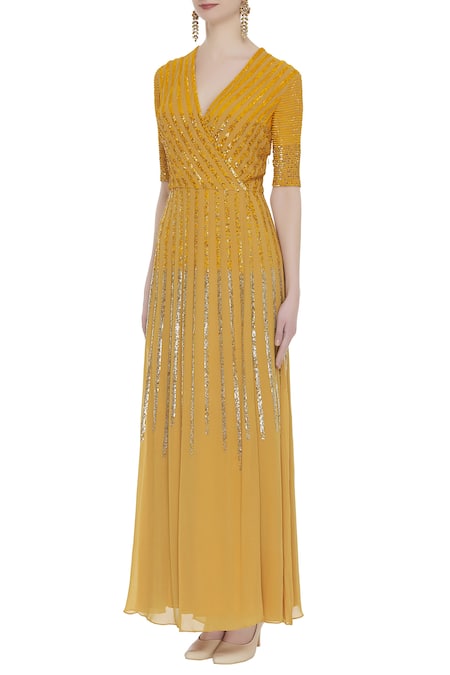 Huemn_Yellow Sequins V Neck Embellished Slit Gown _Online_at_Aza_Fashions