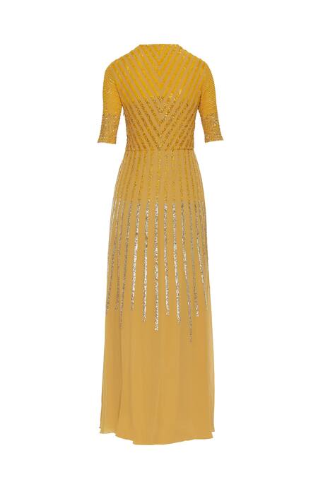 Buy_Huemn_Yellow Sequins V Neck Embellished Slit Gown _Online_at_Aza_Fashions