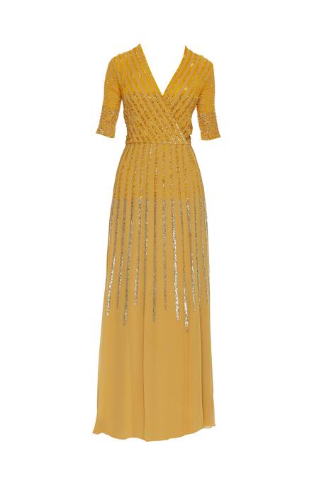 Shop_Huemn_Yellow Sequins V Neck Embellished Slit Gown _Online_at_Aza_Fashions