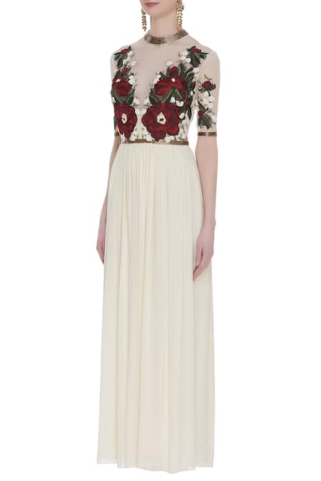 Huemn_White Embroidery Flared Gown  _Online_at_Aza_Fashions