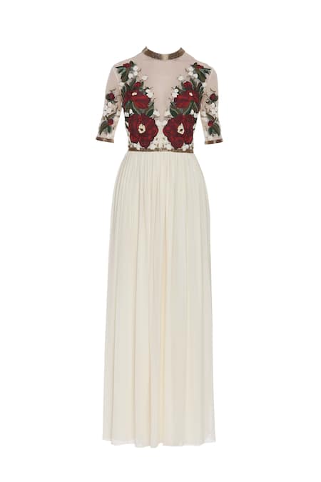 Buy_Huemn_White Embroidery Flared Gown  _Online_at_Aza_Fashions