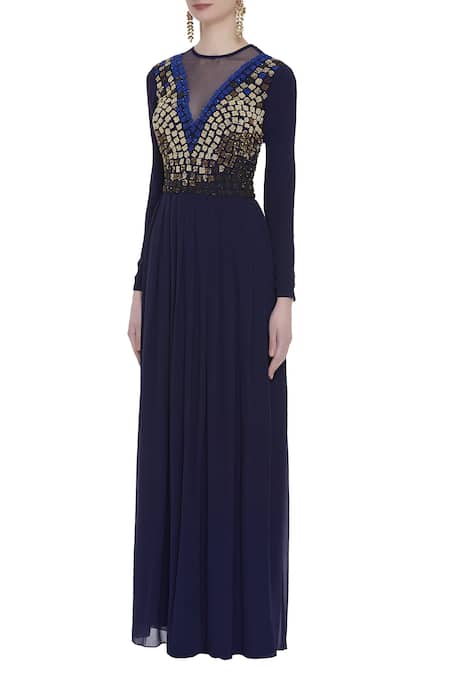 Huemn_Blue Silk Embroidered Beads Notched Round Embellished Flared Gown  _Online_at_Aza_Fashions