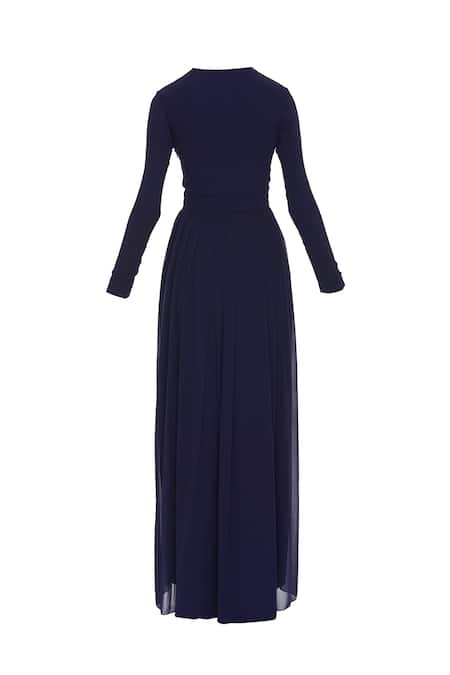 Shop_Huemn_Blue Silk Embroidered Beads Notched Round Embellished Flared Gown  _Online_at_Aza_Fashions