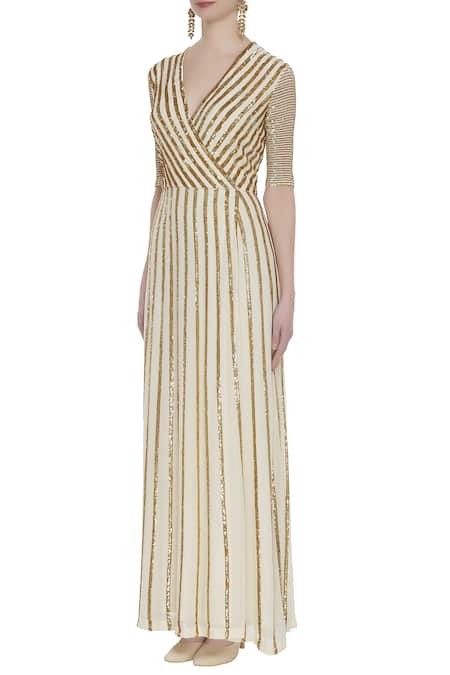 Huemn_White Silk Embroidered Beads Notched Round Embellished Wrap Gown  _Online_at_Aza_Fashions