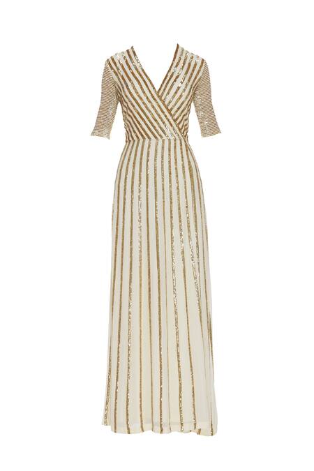 Buy_Huemn_White Silk Embroidered Beads Notched Round Embellished Wrap Gown  _Online_at_Aza_Fashions