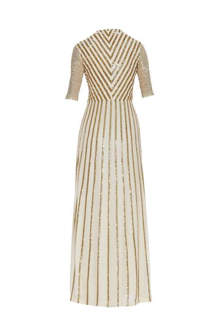 Shop_Huemn_White Silk Embroidered Beads Notched Round Embellished Wrap Gown  _Online_at_Aza_Fashions