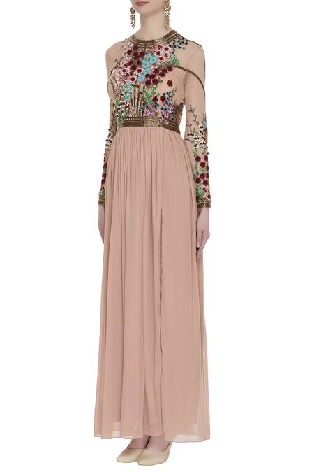 Huemn_Pink Silk Embroidered Beads Notched Round Hand Floral Sequins Gown  _Online_at_Aza_Fashions