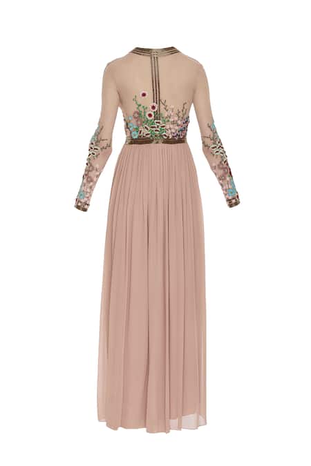 Shop_Huemn_Pink Silk Embroidered Beads Notched Round Hand Floral Sequins Gown  _Online_at_Aza_Fashions