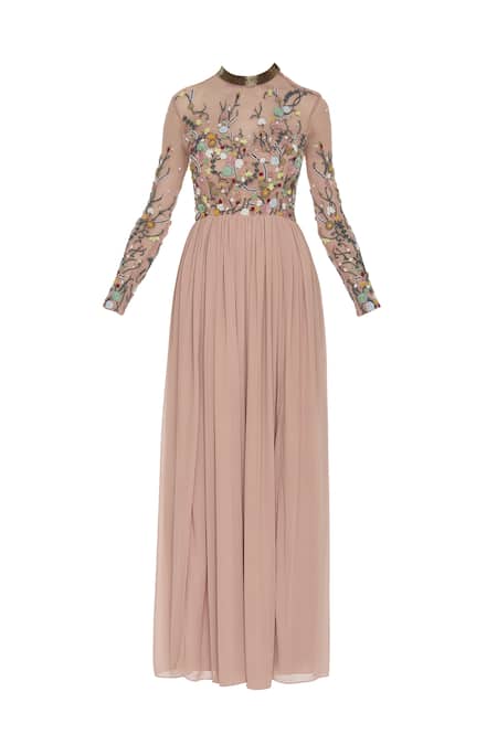 Buy_Huemn_Pink Silk Embroidered Beads Notched Net Bodice And Pleated Skirt Gown  _Online_at_Aza_Fashions
