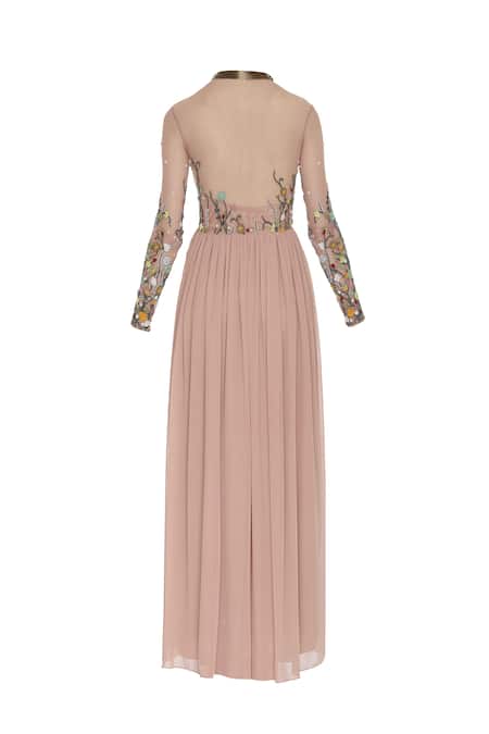 Shop_Huemn_Pink Silk Embroidered Beads Notched Net Bodice And Pleated Skirt Gown  _Online_at_Aza_Fashions