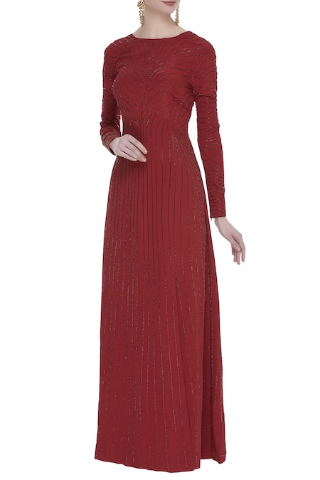 Huemn Red Velvet Silk Hand Embroidered Cutdana Round Embellished Gown  