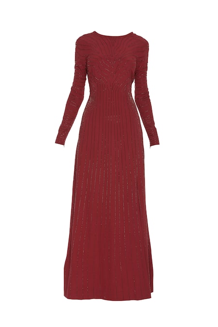 Buy_Huemn_Red Velvet Silk Hand Embroidered Cutdana Round Embellished Gown  _Online_at_Aza_Fashions