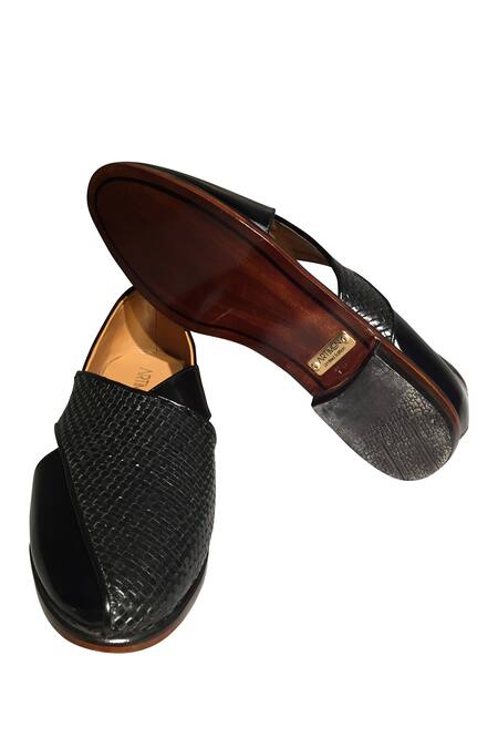 Artimen_Black Leather Peshawari Woven Shoes _Online_at_Aza_Fashions