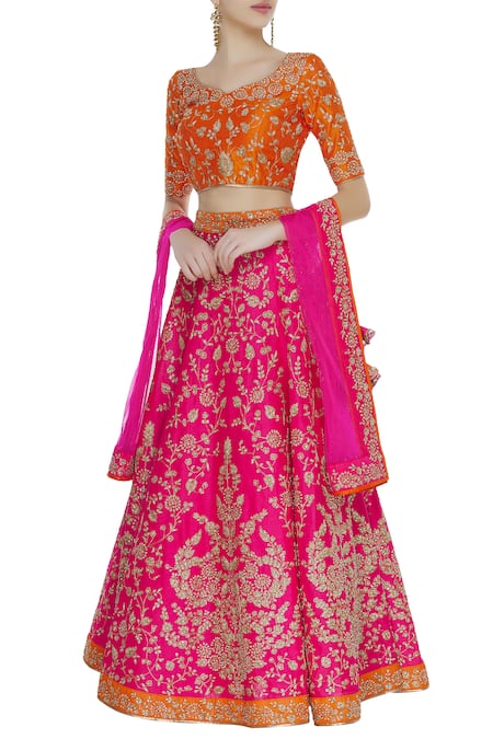 Vandana Sethi Orange Raw Silk Print Beads Round Zari Embroidered Lehenga Set 