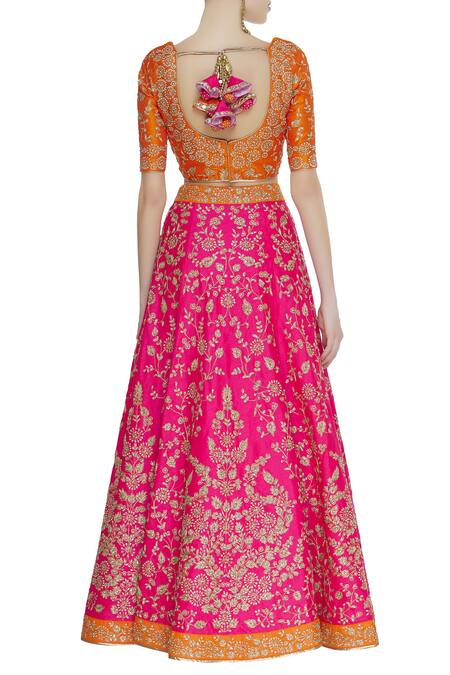 Shop_Vandana Sethi_Orange Raw Silk Cutdana, Beads Round Zari Embroidered Lehenga Set_at_Aza_Fashions