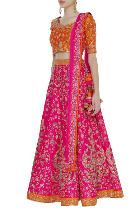Vandana Sethi_Orange Raw Silk Cutdana, Beads Round Zari Embroidered Lehenga Set_Online_at_Aza_Fashions