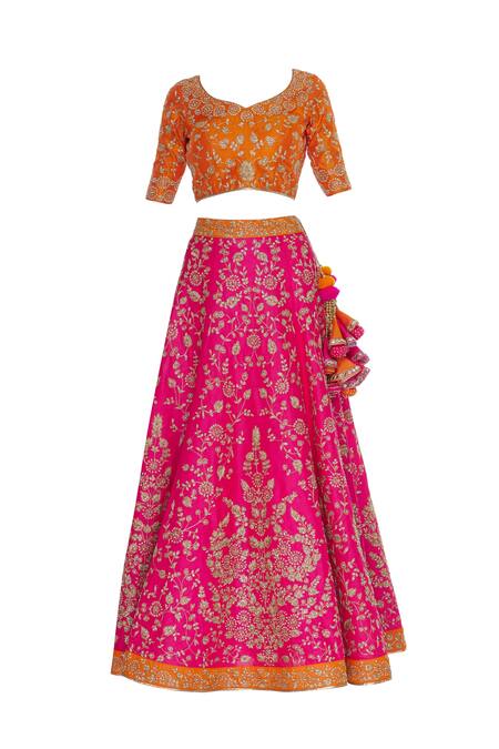 Buy_Vandana Sethi_Orange Raw Silk Cutdana, Beads Round Zari Embroidered Lehenga Set_Online_at_Aza_Fashions