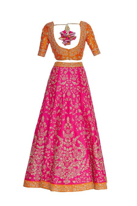 Shop_Vandana Sethi_Orange Raw Silk Cutdana, Beads Round Zari Embroidered Lehenga Set_Online_at_Aza_Fashions