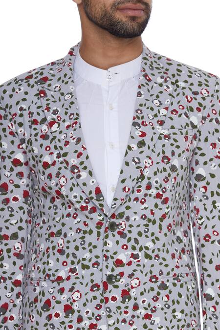 Shop_Dev R Nil_Grey Cotton Printed Lapel Jacket_Online_at_Aza_Fashions