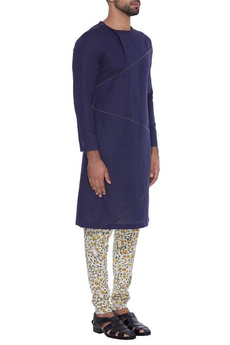 Dev R Nil_Blue Linen Classic Kurta_Online_at_Aza_Fashions