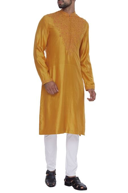 Dev R Nil Yellow Silk Embroidery Classic Kurta