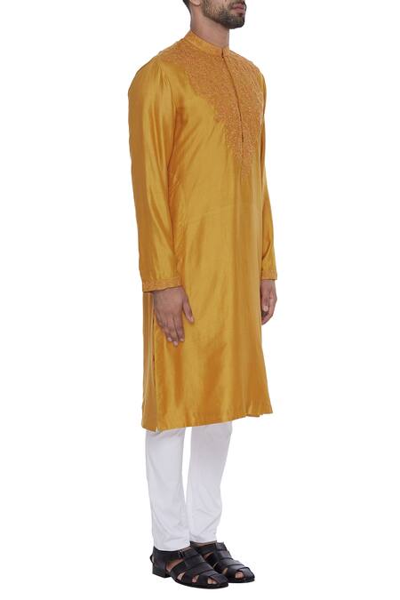 Dev R Nil Yellow Silk Embroidery Classic Kurta Online at Aza Fashions Dev R Nil_Yellow Silk Embroidery Classic Kurta_Online_at_Aza_Fashions