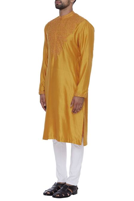Buy Dev R Nil Yellow Silk Embroidery Classic Kurta Online at Aza Fashions Buy_Dev R Nil_Yellow Silk Embroidery Classic Kurta_Online_at_Aza_Fashions