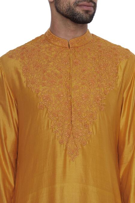 Shop Dev R Nil Yellow Silk Embroidery Classic Kurta Online at Aza Fashions Shop_Dev R Nil_Yellow Silk Embroidery Classic Kurta_Online_at_Aza_Fashions