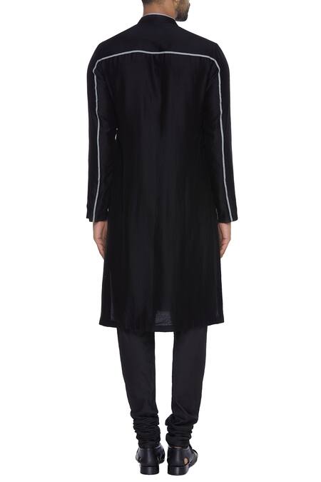 Shop_Dev R Nil_Black Chanderi Embroidery Classic Kurta_at_Aza_Fashions