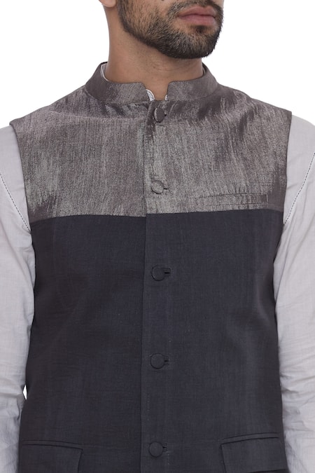 Shop Dev R Nil Grey Cotton Tissue Classic Nehru Jacket Online at Aza Fashions Shop_Dev R Nil_Grey Cotton Tissue Classic Nehru Jacket _Online_at_Aza_Fashions