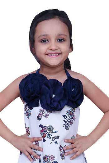 Kirti Agarwal - Pret N Couture_White Crepe, Cotton Fabric Flowers Floral Halter Dress With Frilly Border _Online_at_Aza_Fashions