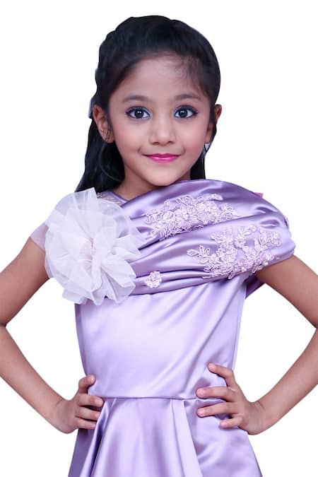 Kirti Agarwal - Pret N Couture_Purple Satin Embroidery Violet Layered Dress With Frill Detail _Online_at_Aza_Fashions