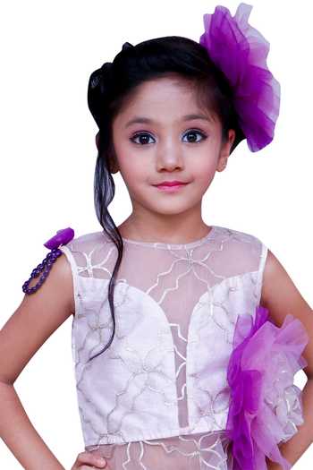 Kirti Agarwal - Pret N Couture_Purple Silk, Net Fabric Flowers Detail Peplum Top With Layered Skirt And Palazzo _Online_at_Aza_Fashions