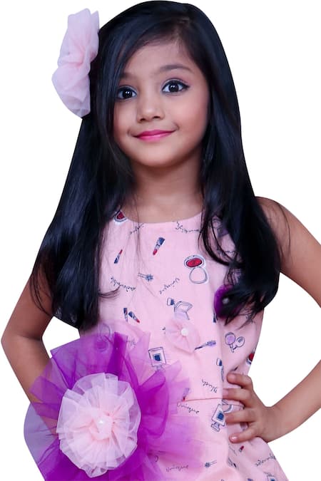 Kirti Agarwal - Pret N Couture Peach Cotton, Net Fabric Flowers Double Frilled Layered Dress Online at Aza Fashions Kirti Agarwal - Pret N Couture_Peach Cotton, Net Fabric Flowers Double Frilled Layered Dress _Online_at_Aza_Fashions