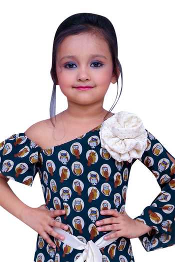 Kirti Agarwal - Pret N Couture_Blue Crepe Fabric Flowers Owl Print Bell Sleeve Dress _Online_at_Aza_Fashions