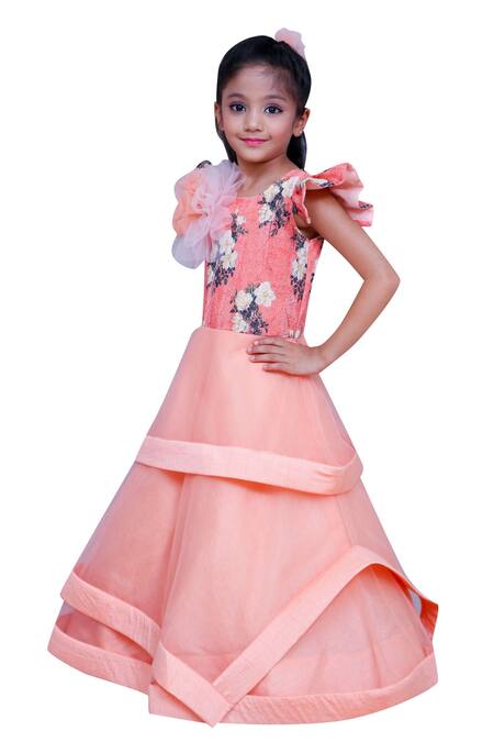 Kirti Agarwal - Pret N Couture_Peach Net, Silk Fabric Flowers Three Layered Gown With Frill Sleeves _Online_at_Aza_Fashions