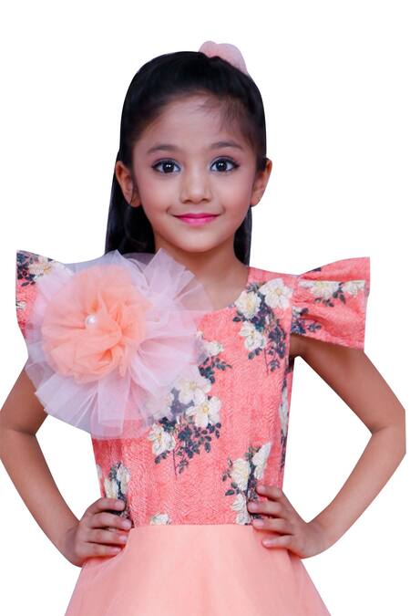Buy_Kirti Agarwal - Pret N Couture_Peach Net, Silk Fabric Flowers Three Layered Gown With Frill Sleeves _Online_at_Aza_Fashions