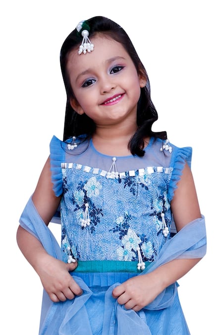 Shop Kirti Agarwal - Pret N Couture Blue Silk, Net Embroidery, Fringe, Layered Lehenga With Blouse And Dupatta Online at Aza Fashions Shop_Kirti Agarwal - Pret N Couture_Blue Silk, Net Embroidery, Fringe, Layered Lehenga With Blouse And Dupatta _Online_at_Aza_Fashions