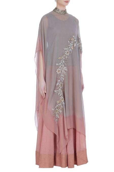 Kavita Bhartia_Grey Top Round Cape High Collar Asymmetric And Palazzo Set  _Online_at_Aza_Fashions