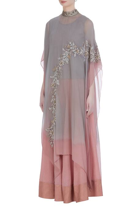 Buy_Kavita Bhartia_Grey Top Round Cape High Collar Asymmetric And Palazzo Set  _Online_at_Aza_Fashions