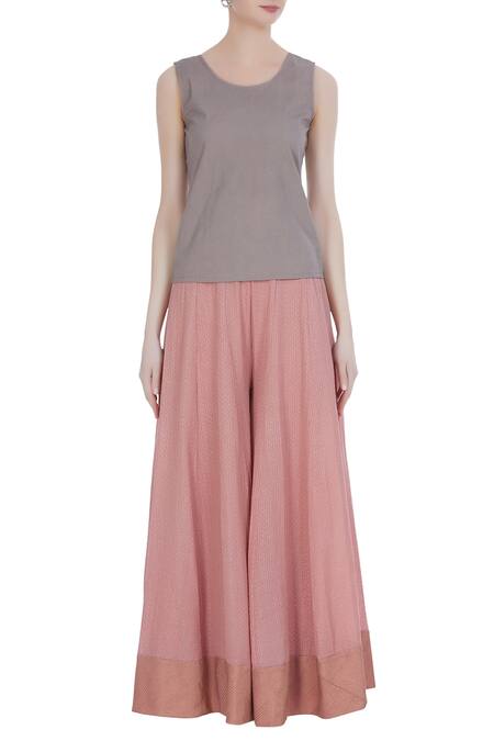 Shop_Kavita Bhartia_Grey Top Round Cape High Collar Asymmetric And Palazzo Set  _Online_at_Aza_Fashions