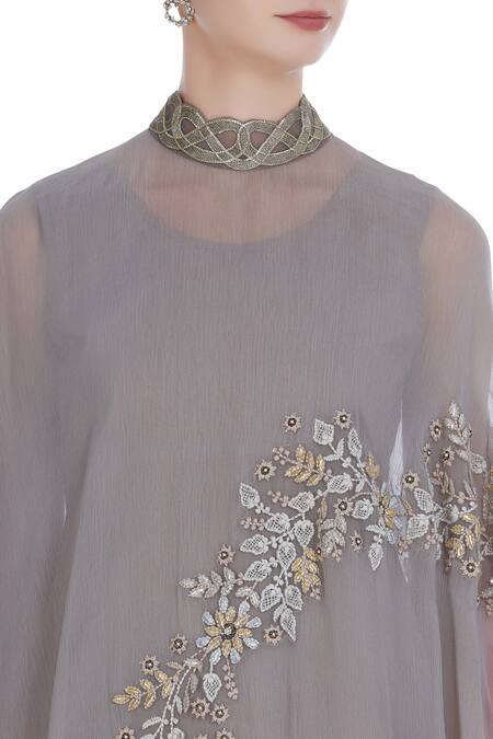 Kavita Bhartia_Grey Top Round Cape High Collar Asymmetric And Palazzo Set  _at_Aza_Fashions