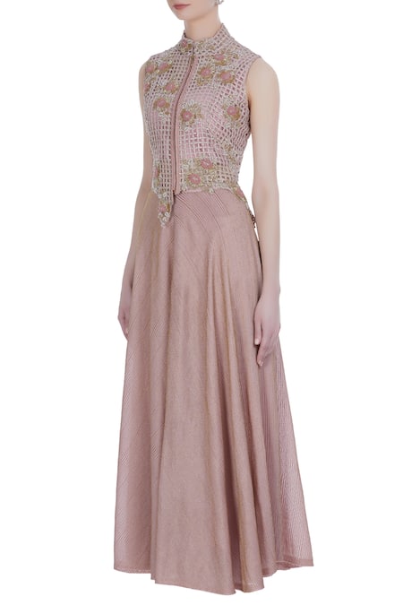 Buy_Kavita Bhartia_Pink Blouse Round Jacket High Collar Embroidered And Lehenga Set  _Online_at_Aza_Fashions