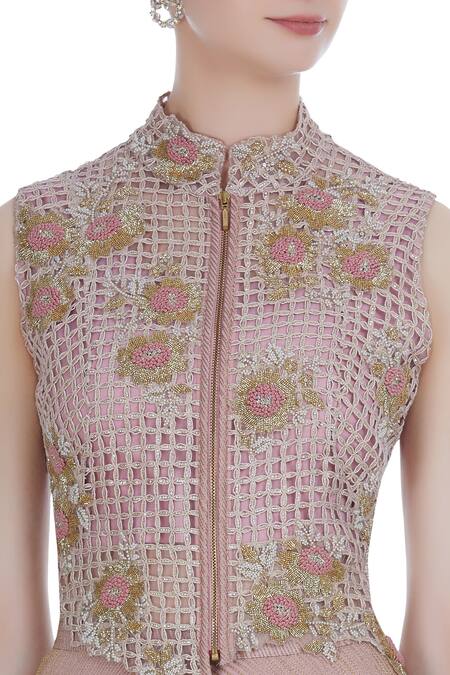 Kavita Bhartia_Pink Blouse Round Jacket High Collar Embroidered And Lehenga Set  _at_Aza_Fashions