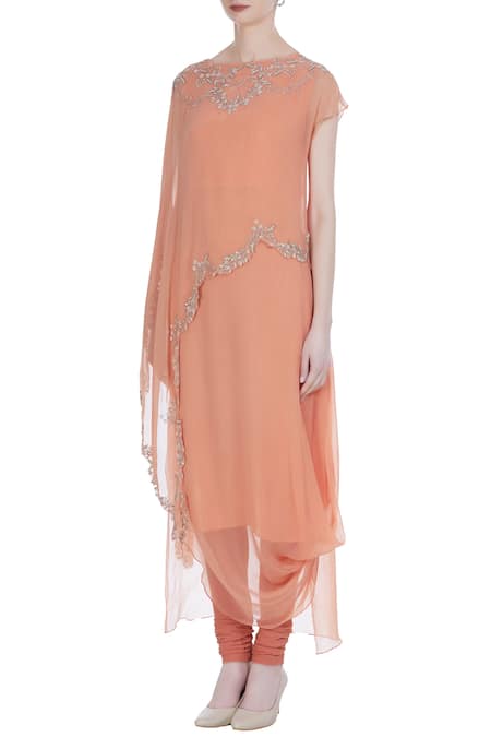 Buy_Kavita Bhartia_Peach Chiffon Bardot Embellished Kurta Set  _Online_at_Aza_Fashions