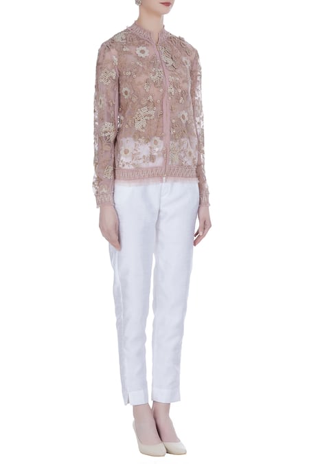 Kavita Bhartia_Pink Round Sheer Embroidered Jacket _Online_at_Aza_Fashions